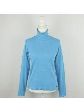 Athleta Vintage Women's Large Blue Silver Ribbed Long Sleeve Turtleneck Top
